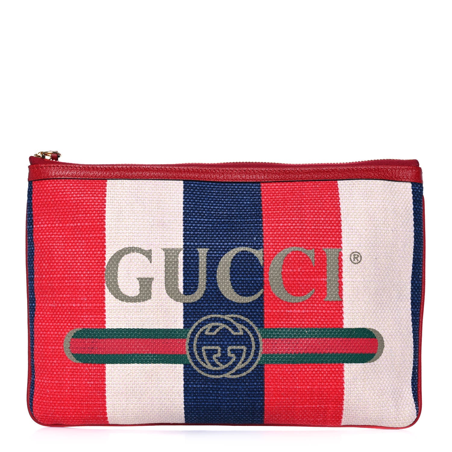 Gucci Canvas Sylvie Stripe Logo Zip Pouch Mystic White Hibiscus Red Maritime 1 of 12