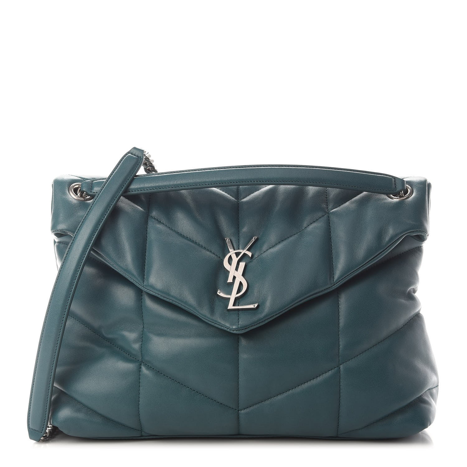 Saint Laurent Lambskin Quilted Medium Loulou Puffer Monogram Chain Satchel Vert Canard 1 of 8