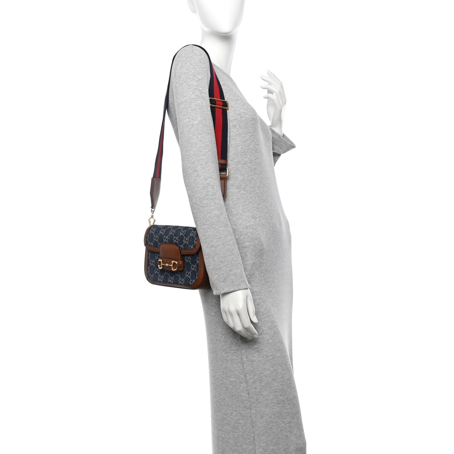 New Denim GG Monogram Dollar Calfskin Web Mini Horsebit 1955 Shoulder Bag Blue Tea Cuir Epilog