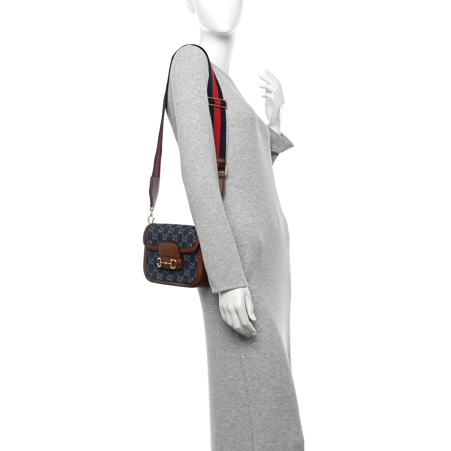 Gucci New Denim GG Monogram Dollar Calfskin Web Mini Horsebit 1955 Shoulder Bag Blue Tea Cuir Epilog 2 of 12