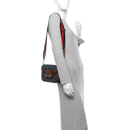 Gucci New Denim GG Monogram Dollar Calfskin Web Mini Horsebit 1955 Shoulder Bag Blue Tea Cuir Epilog 2 of 12