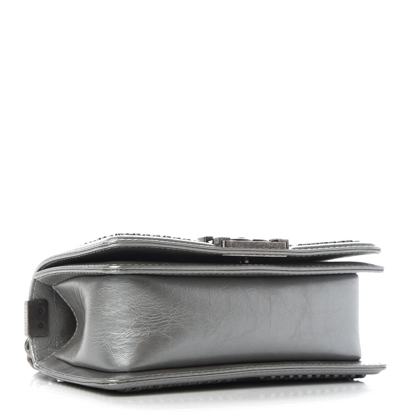 Metallic Aged Calfskin Quilted Small Boy Handle Flap Charcoal