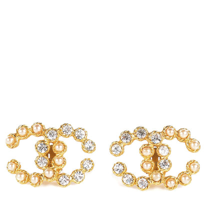 Chanel Pearl Crystal CC Clip On Earrings Gold 1 of 4