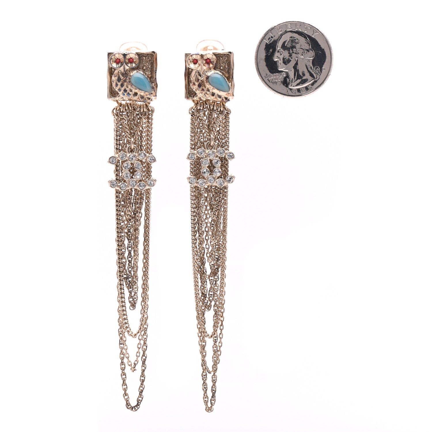 Chanel Crystal CC Owl Chain Drop Clip On Earrings Gold 2 of 7