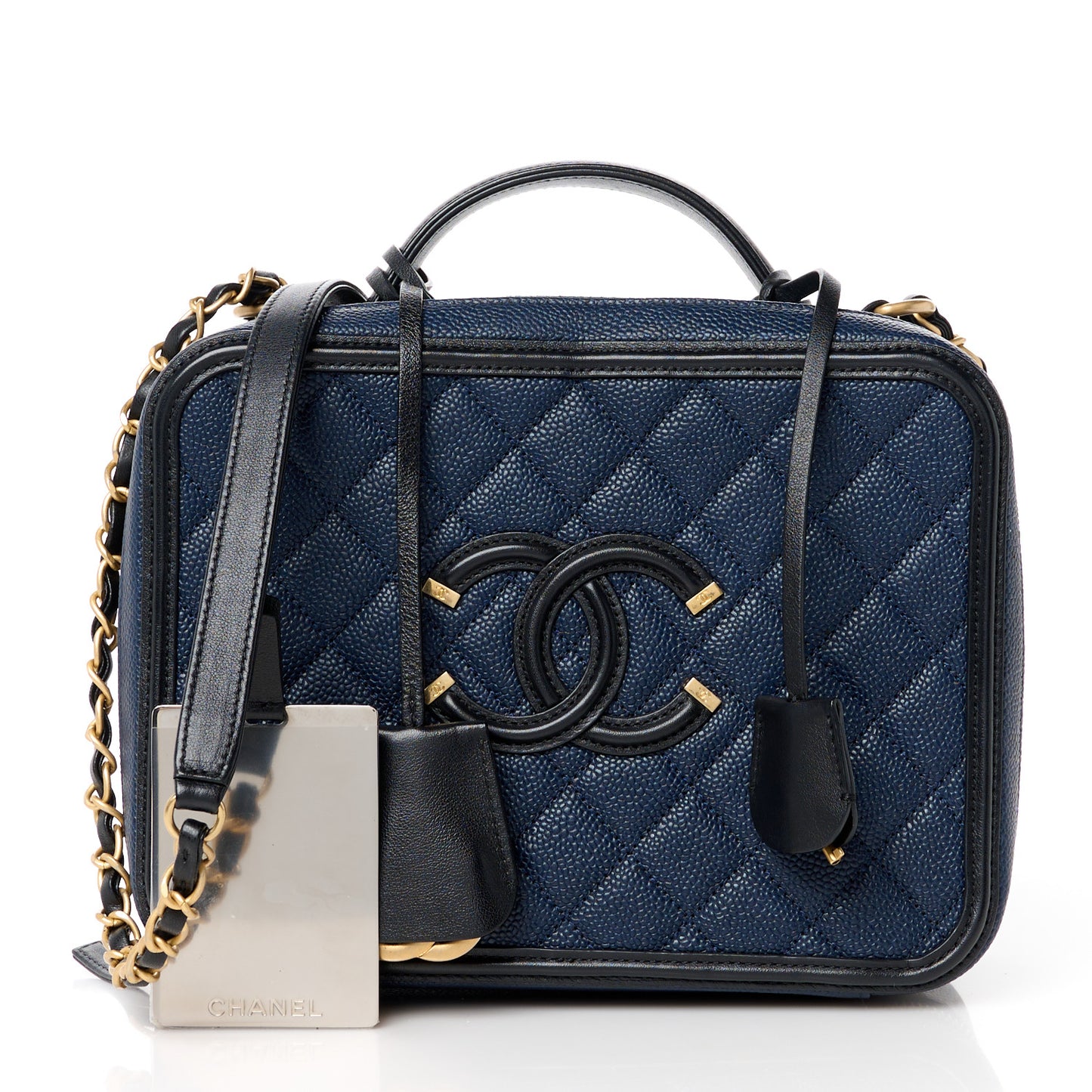 Caviar Quilted Large CC Filigree Vanity Case Navy Black