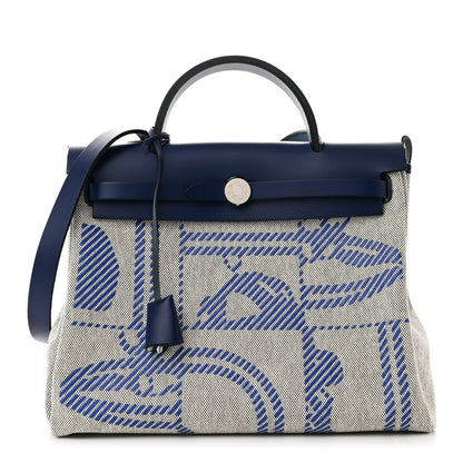 Hermes Vache Hunter Toile H Brides de Gala Herbag Zip Retourne 31 PM Bleu De France Ecru Black 1 of 12