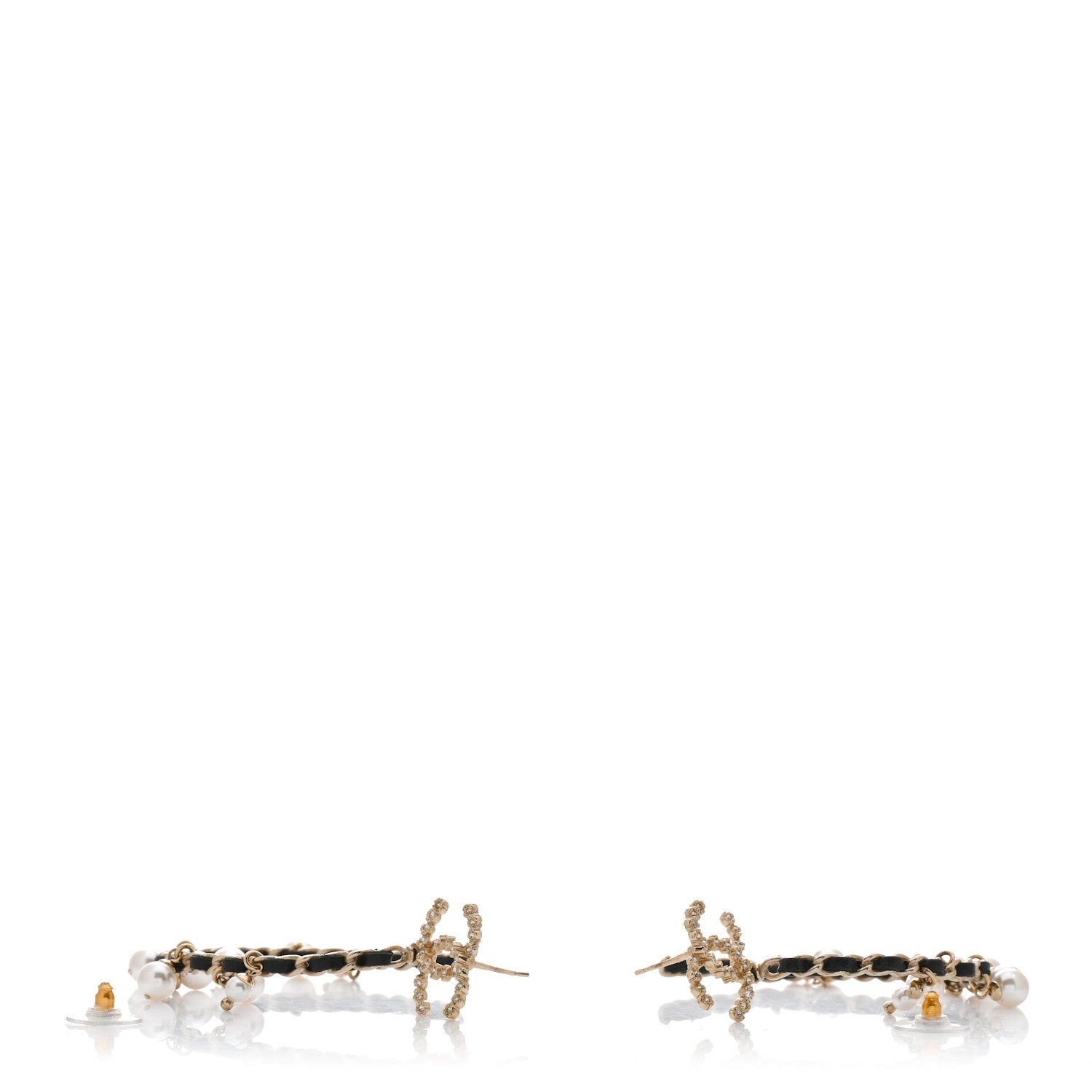 Chanel Lambskin Pearl Crystal CC Chain Hoop Earrings Gold Black 3 of 4