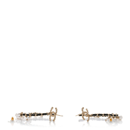 Chanel Lambskin Pearl Crystal CC Chain Hoop Earrings Gold Black 3 of 4