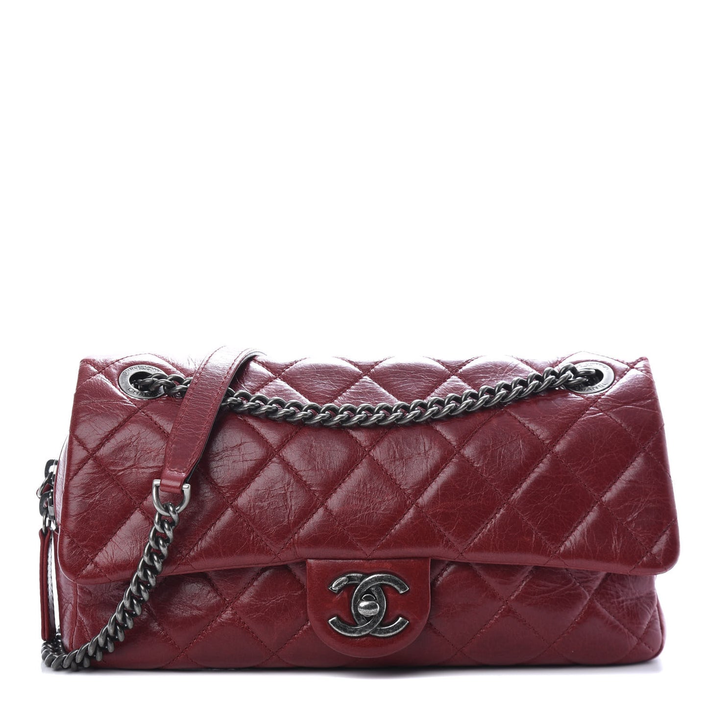 Glazed Calfskin Quilted Medium Duo Color Flap Dark Red