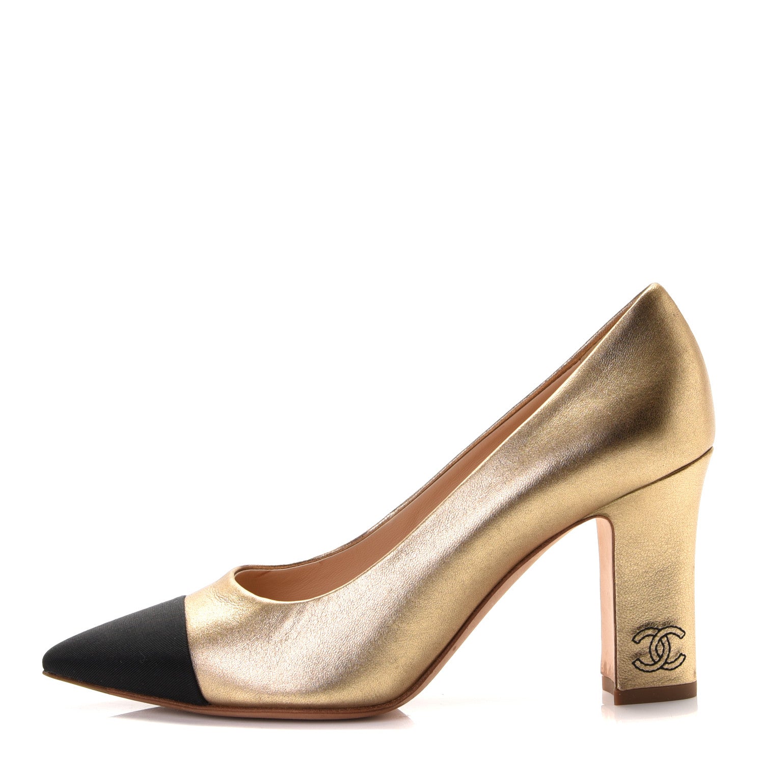 Chanel Laminated Lambskin Grosgrain Cap Toe CC Pumps 37.5 Gold Black 1 of 9