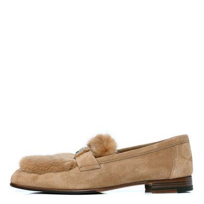 Hermes Mink Fur Suede Goatskin Paris Loafers 35.5 Marron Havane 1 of 4