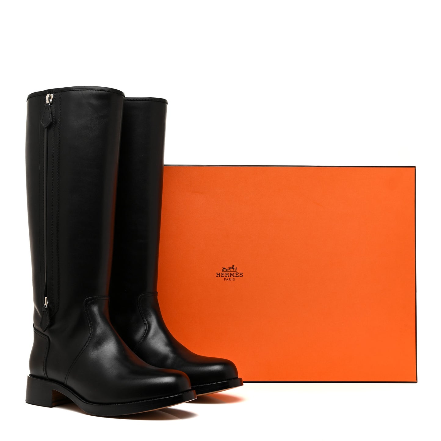 Box Calfskin Equestrian Land Boots 37.5 Black
