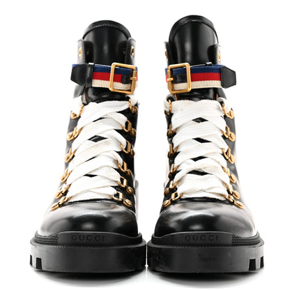Gucci Calfskin Sylvie Web Womens Lace Up Combat Boots 39 Black 2 of 21