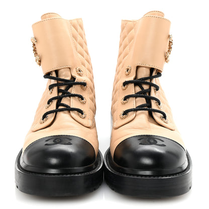 Chanel Lambskin Calfskin Quilted Lace Up Combat Boots 41 Beige Black 3 of 9