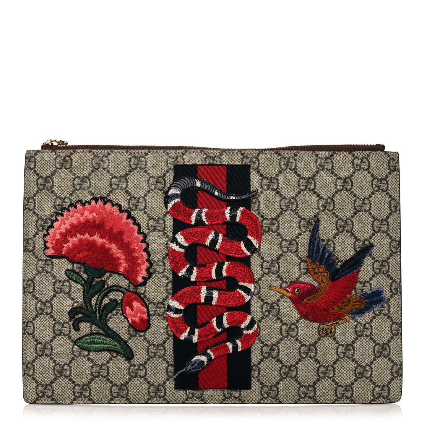 GG Supreme Monogram Web Kingsnake Embroidered Large Zip Pouch Brown