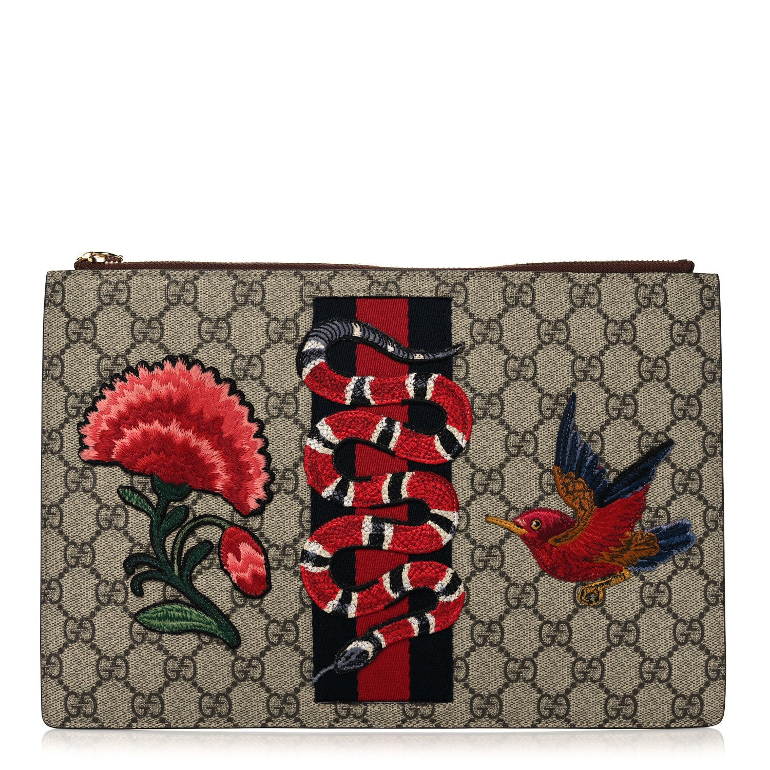 Gucci GG Supreme Monogram Web Kingsnake Embroidered Large Zip Pouch Brown 1 of 15
