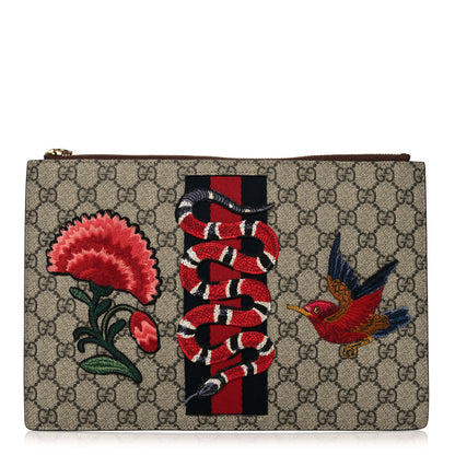 Gucci GG Supreme Monogram Web Kingsnake Embroidered Large Zip Pouch Brown 1 of 15