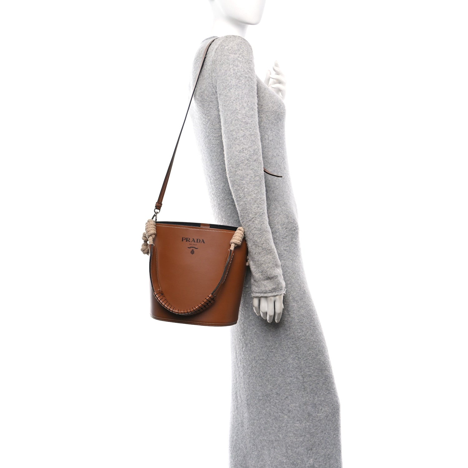 Prada City Calfskin Knotted Rope Bucket Bag Cognac 2 of 12