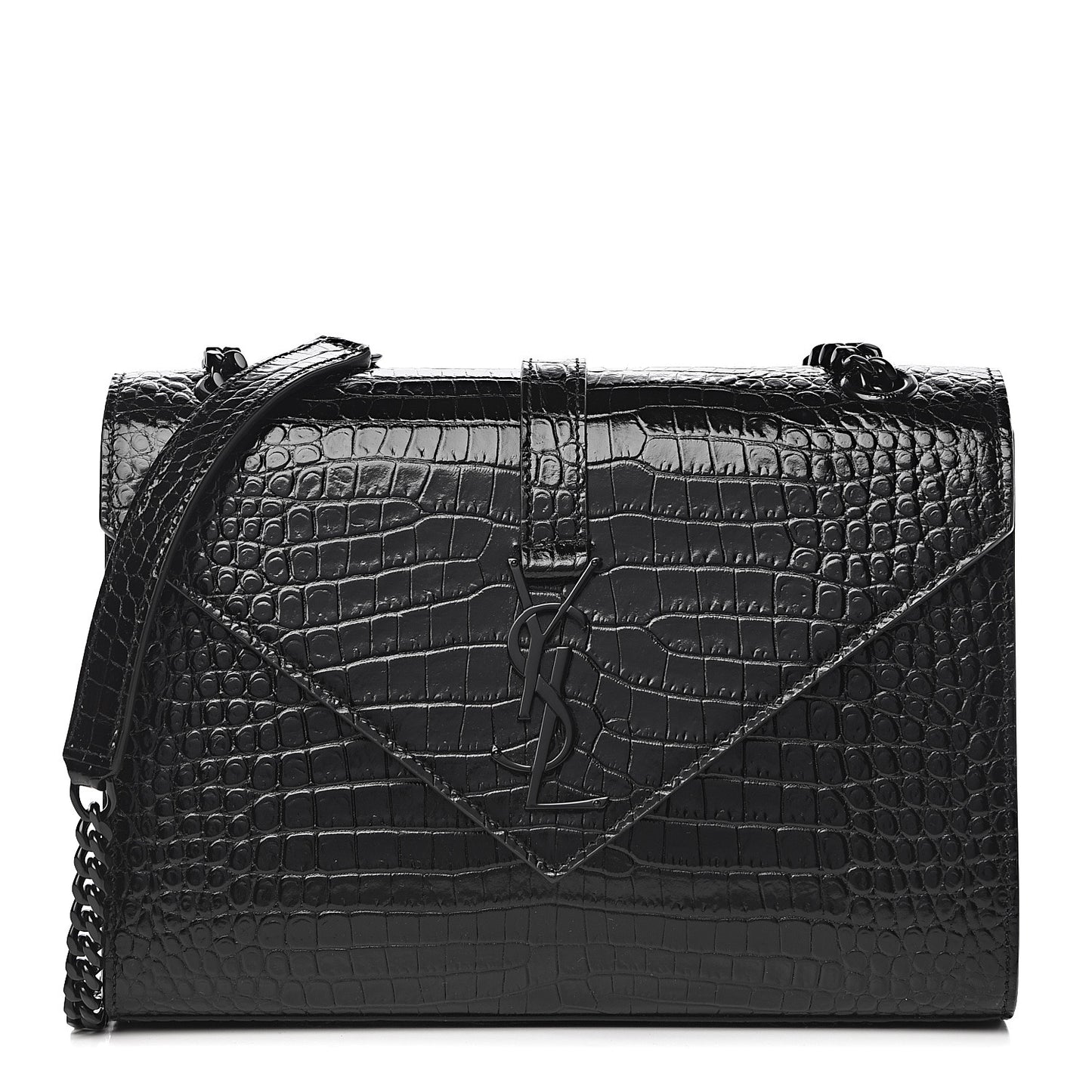 Calfskin Crocodile Embossed Medium Monogram Envelope Chain Shoulder Bag Black