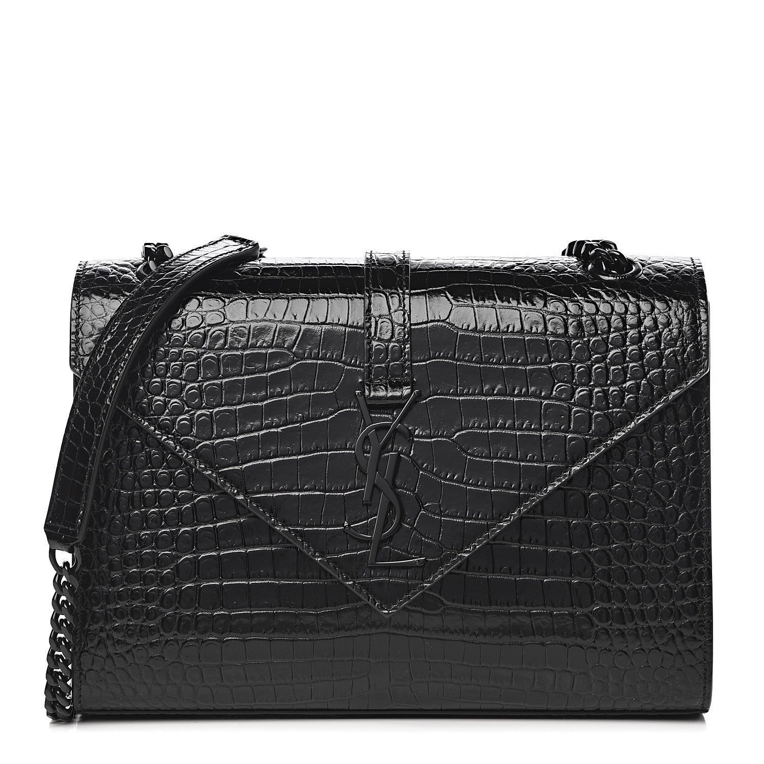 Saint Laurent Calfskin Crocodile Embossed Medium Monogram Envelope Chain Shoulder Bag Black 1 of 10