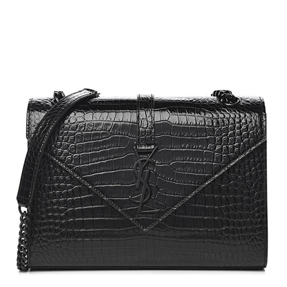 Saint Laurent Calfskin Crocodile Embossed Medium Monogram Envelope Chain Shoulder Bag Black 1 of 10