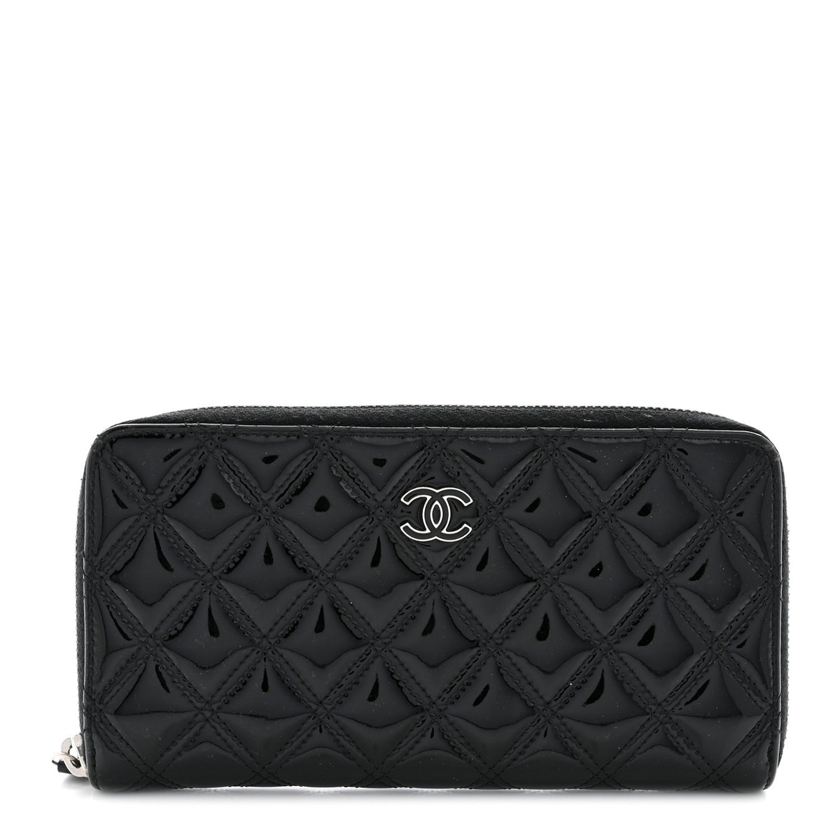 Patent Quilted Large Gusset Zip Around Wallet Black