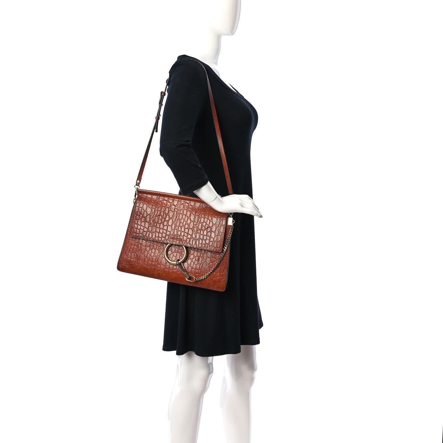 Chloe Calfskin Crocodile Embossed Medium Faye Shoulder Bag Mahogany 2 of 15