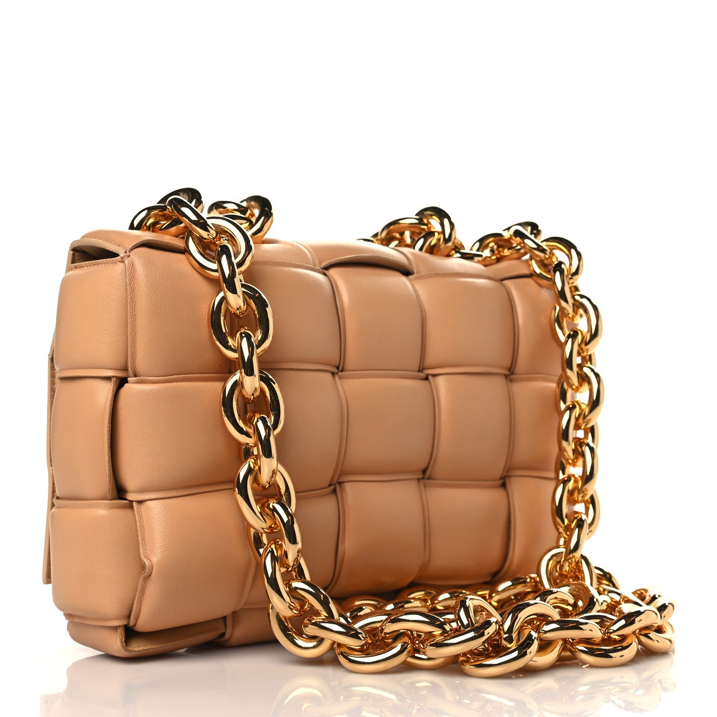 Lambskin Maxi Intreccio Padded Chain Cassette Crossbody Bag Caramel