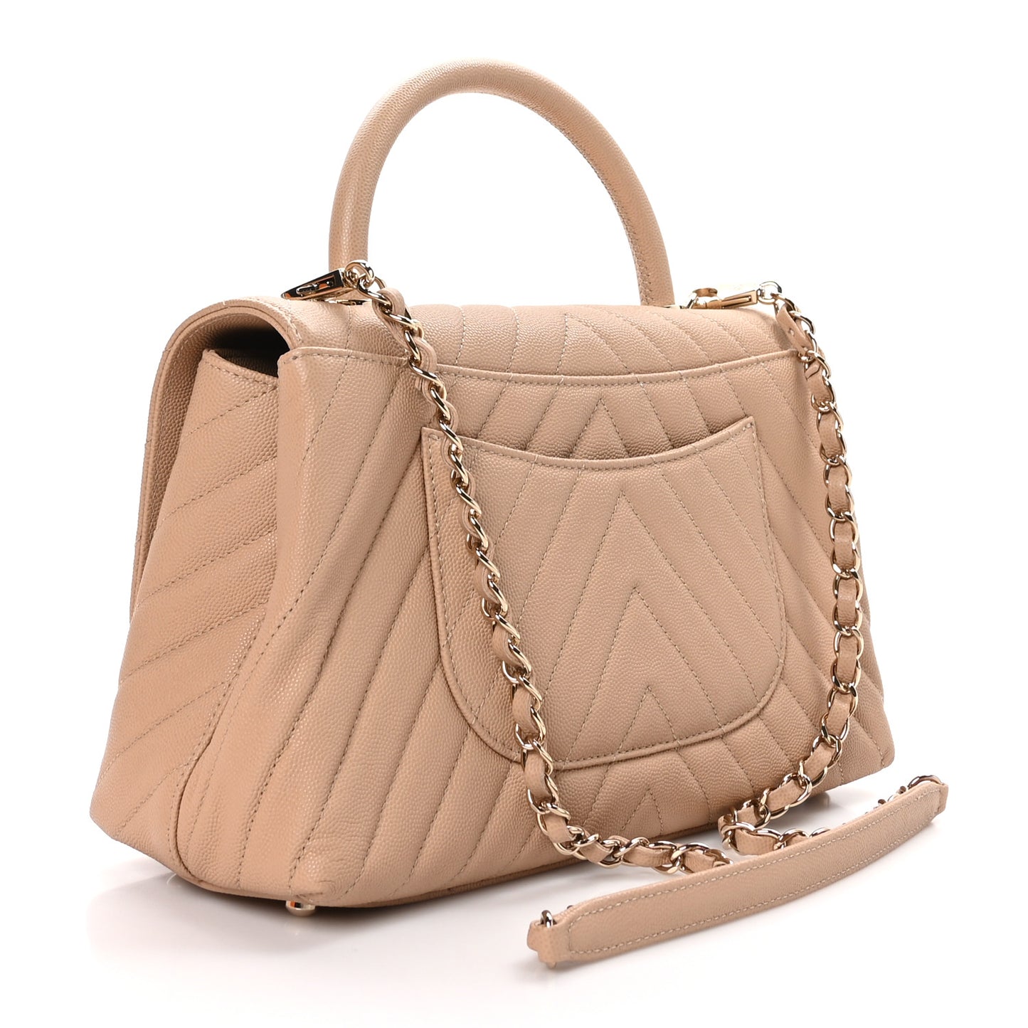 Caviar Chevron Quilted Small Coco Handle Flap Beige
