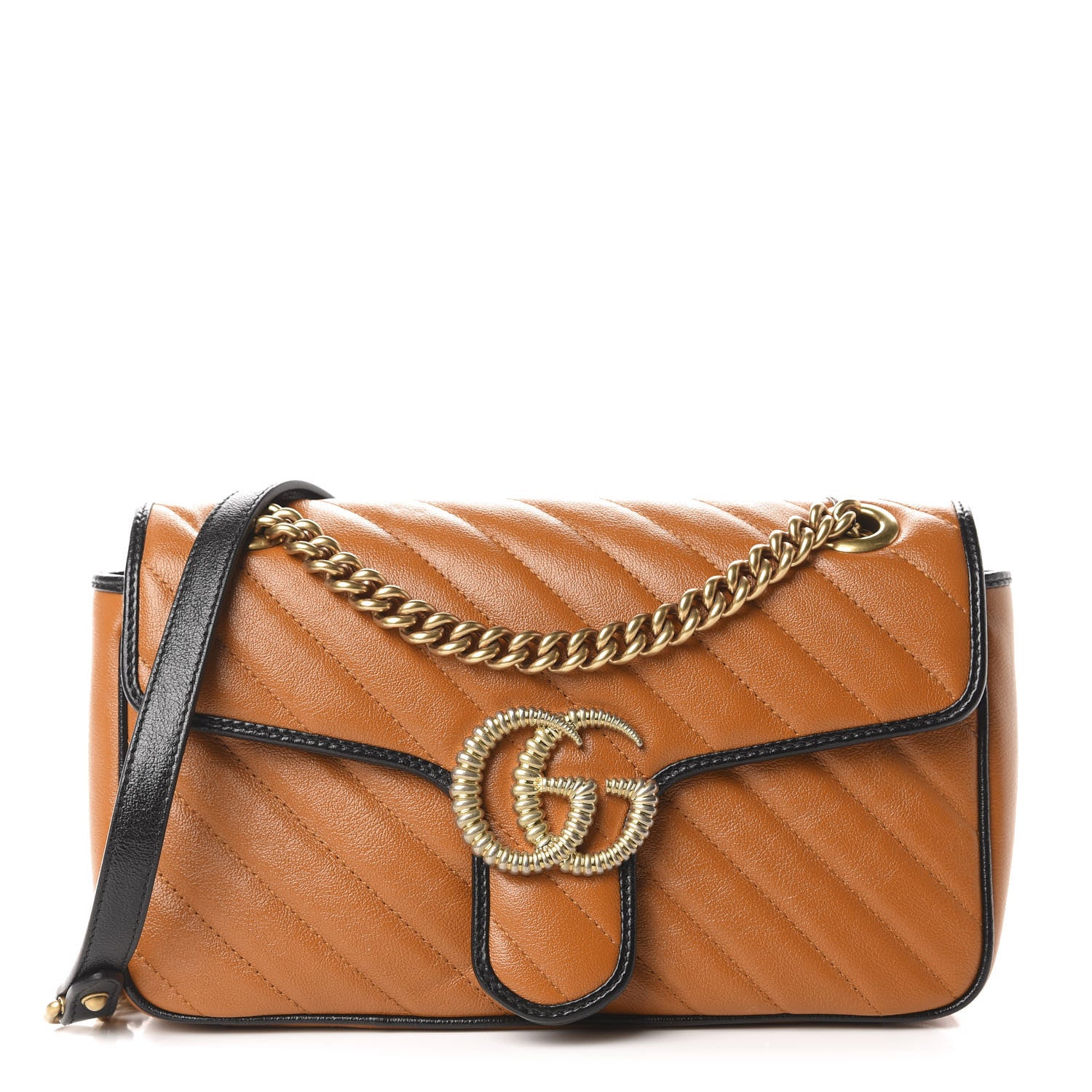 Gucci Vintage Effect Calfskin Matelasse Diagonal Small Torchon GG Marmont Shoulder Bag Cognac Black 1 of 10