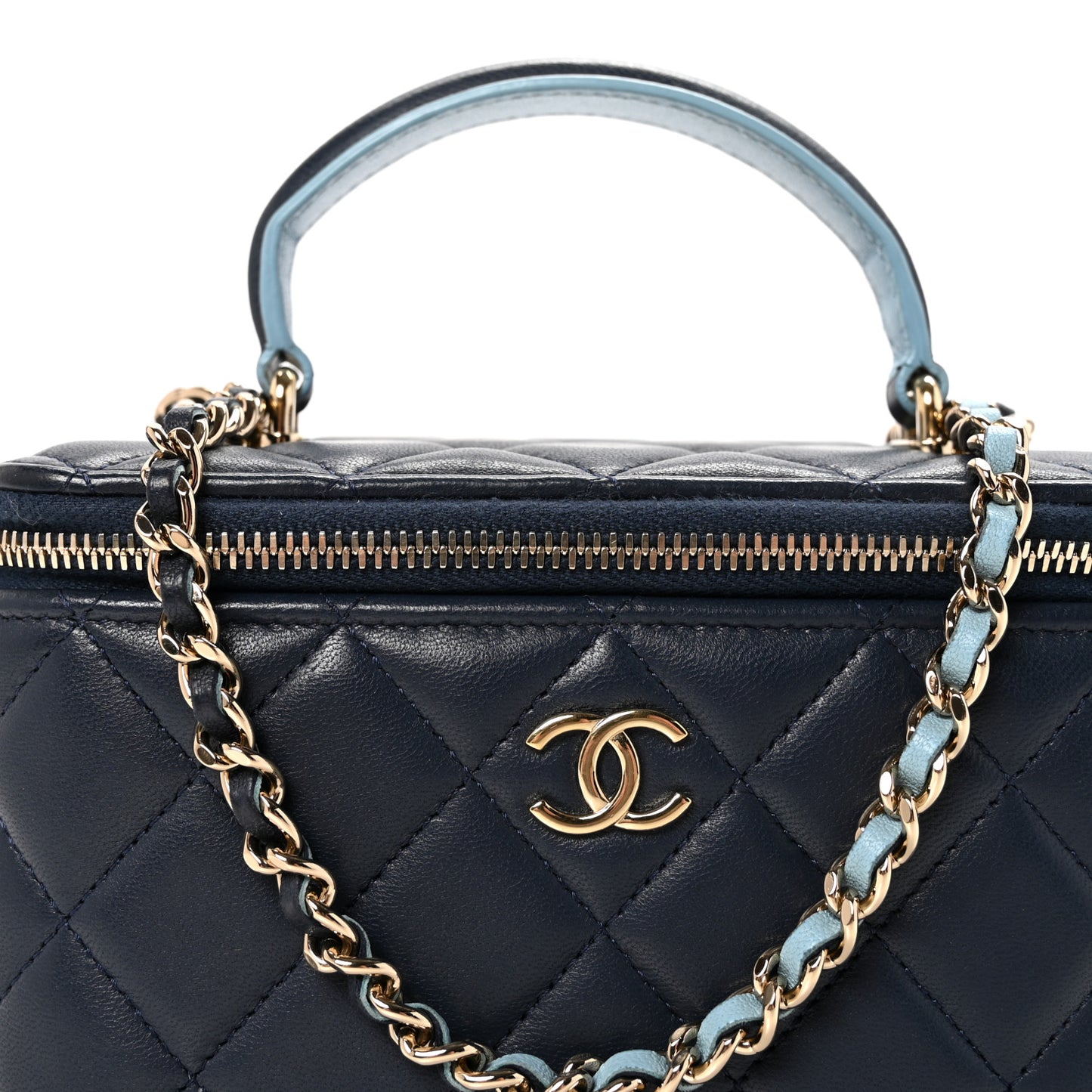 Lambskin Quilted Small Top Handle Vanity Case With Chain Dark Blue Light Blue