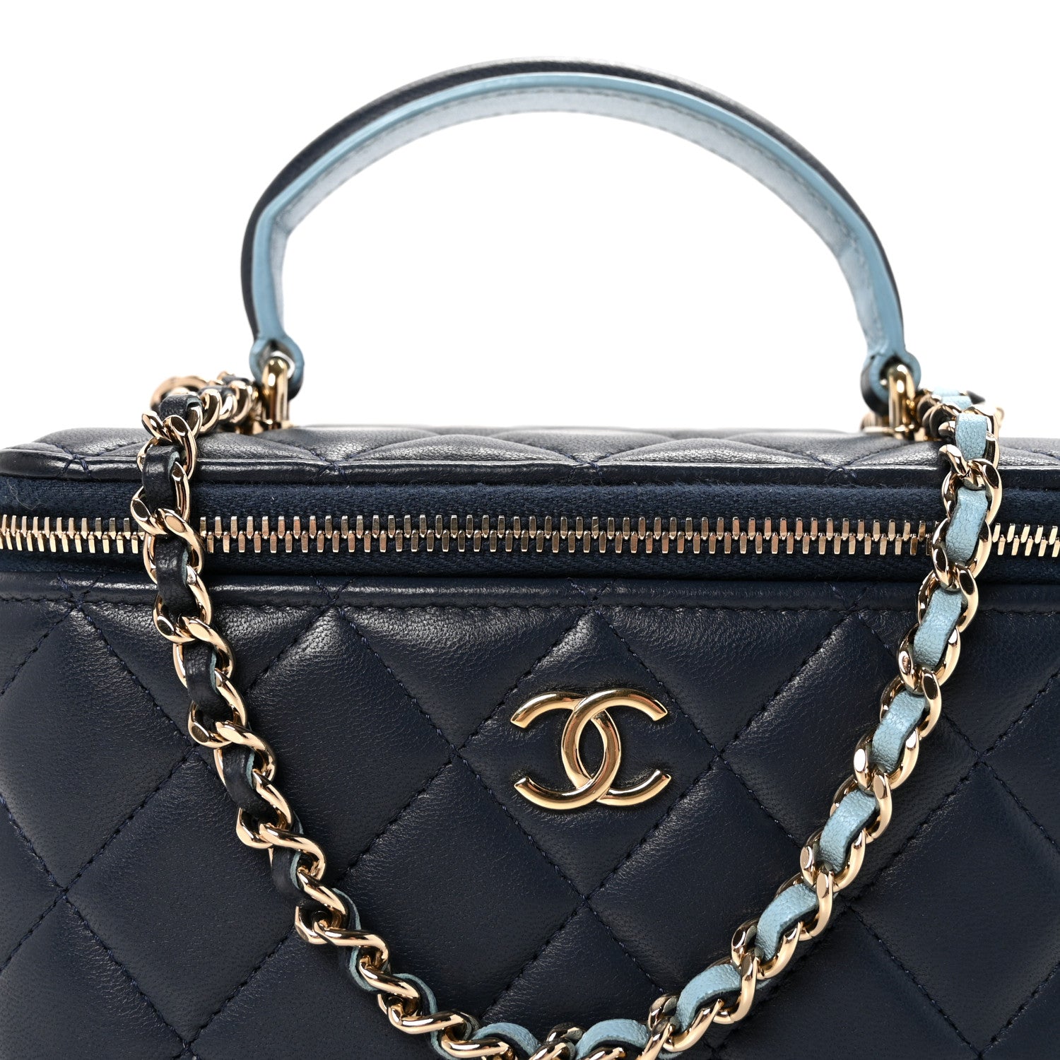 Chanel Lambskin Quilted Small Top Handle Vanity Case With Chain Dark Blue Light Blue 8 of 11