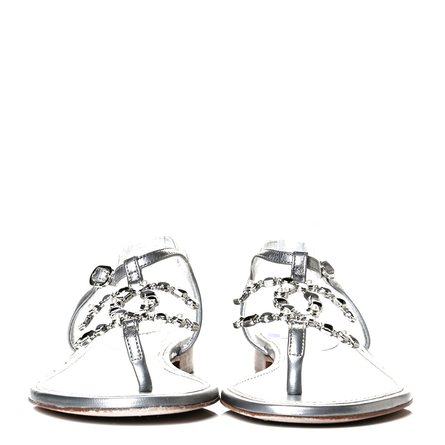 Chanel Metallized Lambskin CC Crystal Thong Sandals 38 Silver 2 of 7