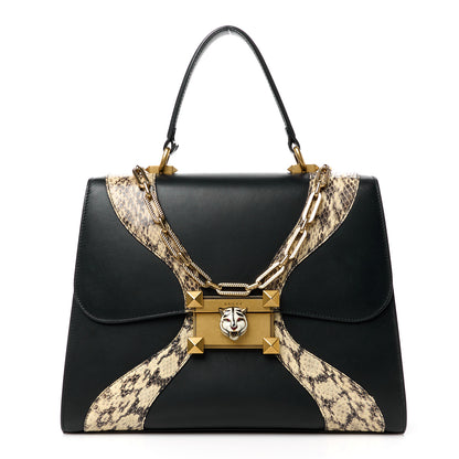 Gucci Calfskin Snakeskin GG Supreme Monogram Medium Osiride Top Handle Bag Black 1 of 15