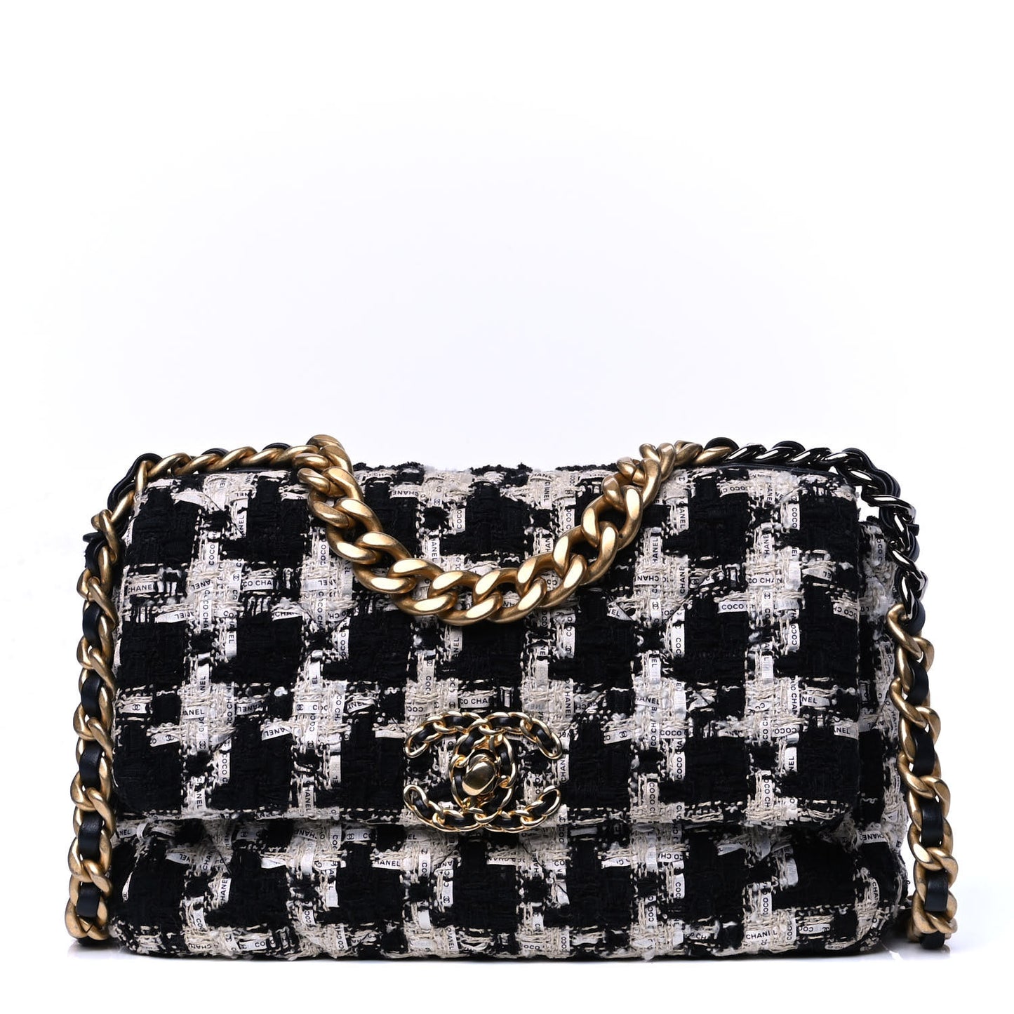 Tweed Quilted Medium Chanel 19 Flap Black Ecru White