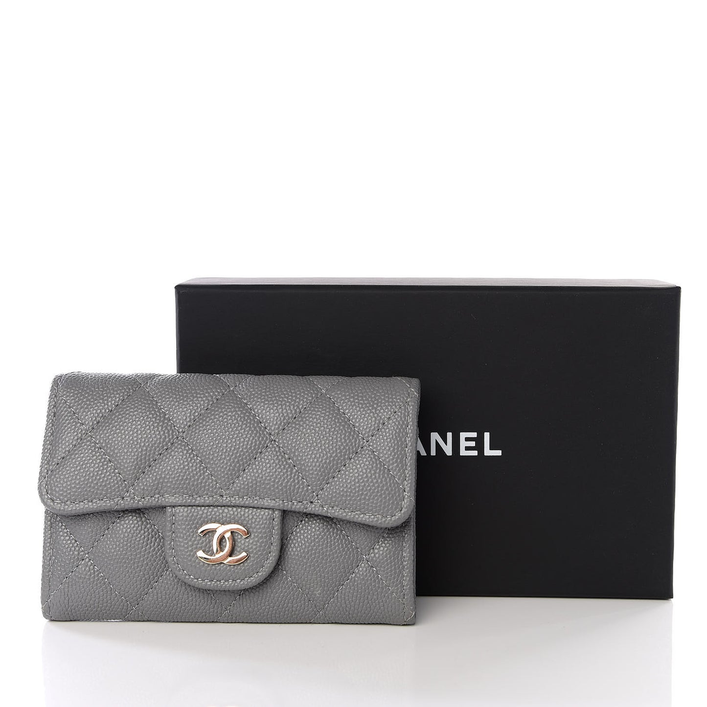 Caviar Quilted Flap Card Holder Wallet Dark Grey