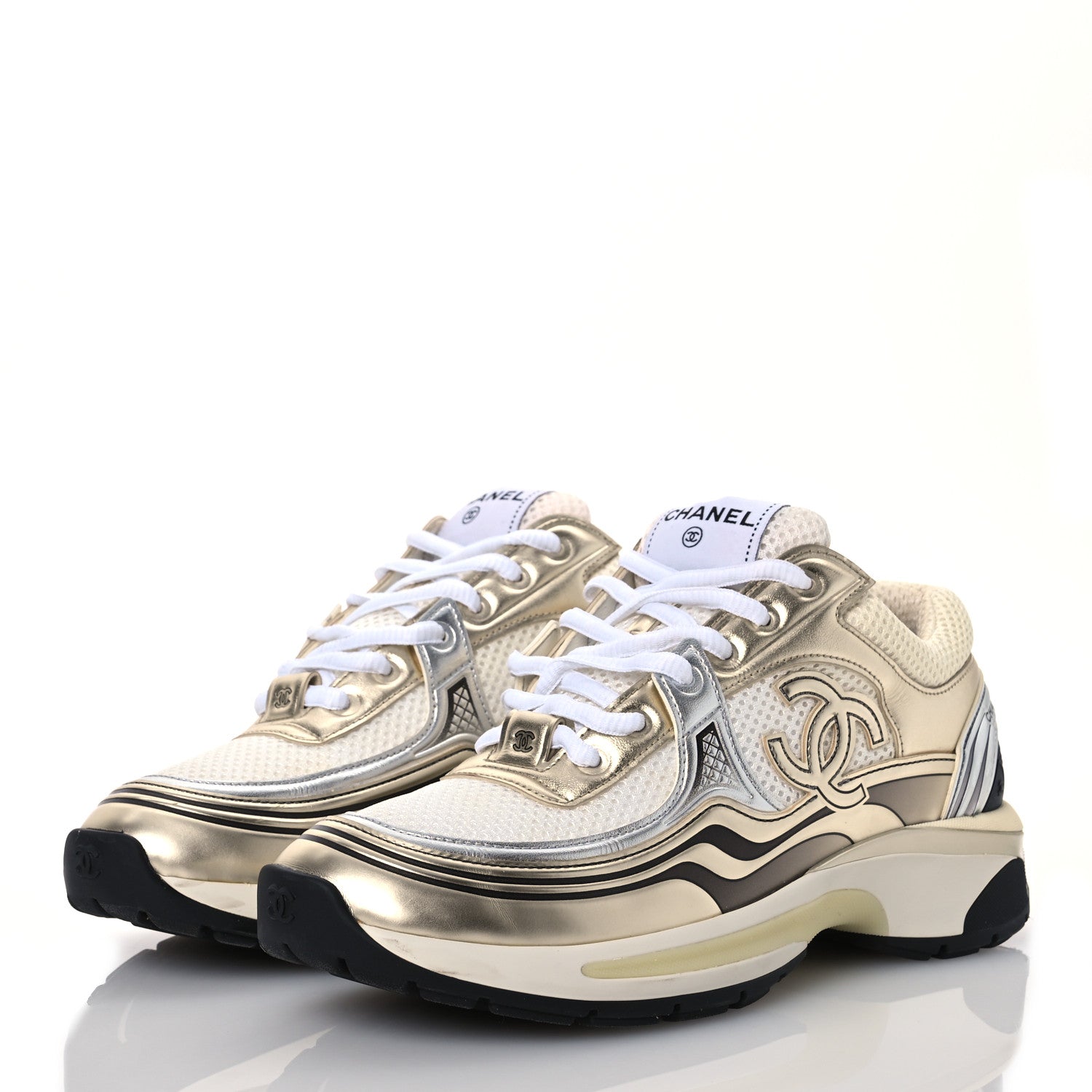 Chanel Fabric Laminated Calfskin Stretch CC Womens Sneakers 37.5 White Gold Silver 3 of 14
