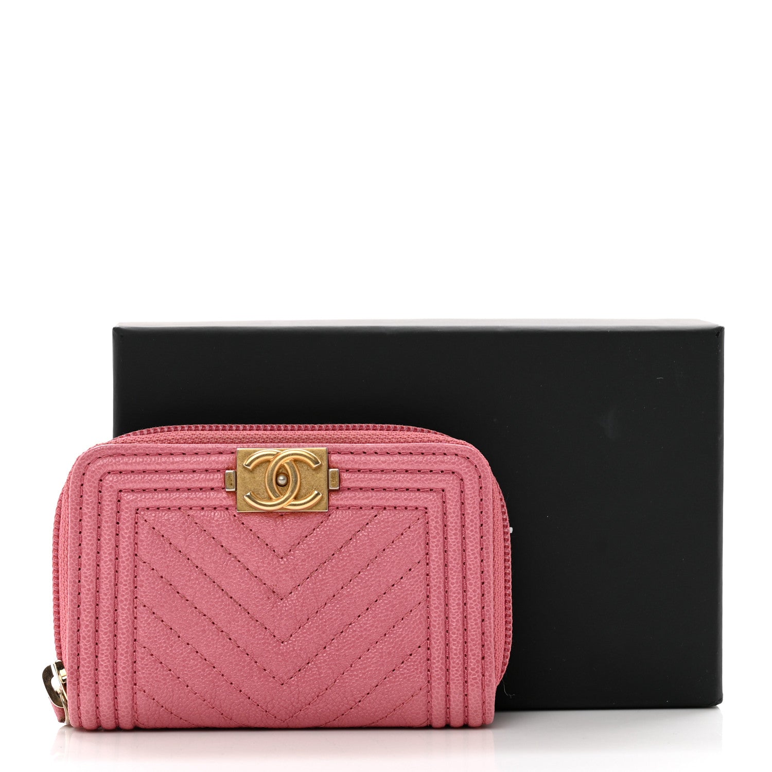 Chanel Caviar Chevron Quilted Boy Zip Around Coin Purse Wallet Pink 7 of 7