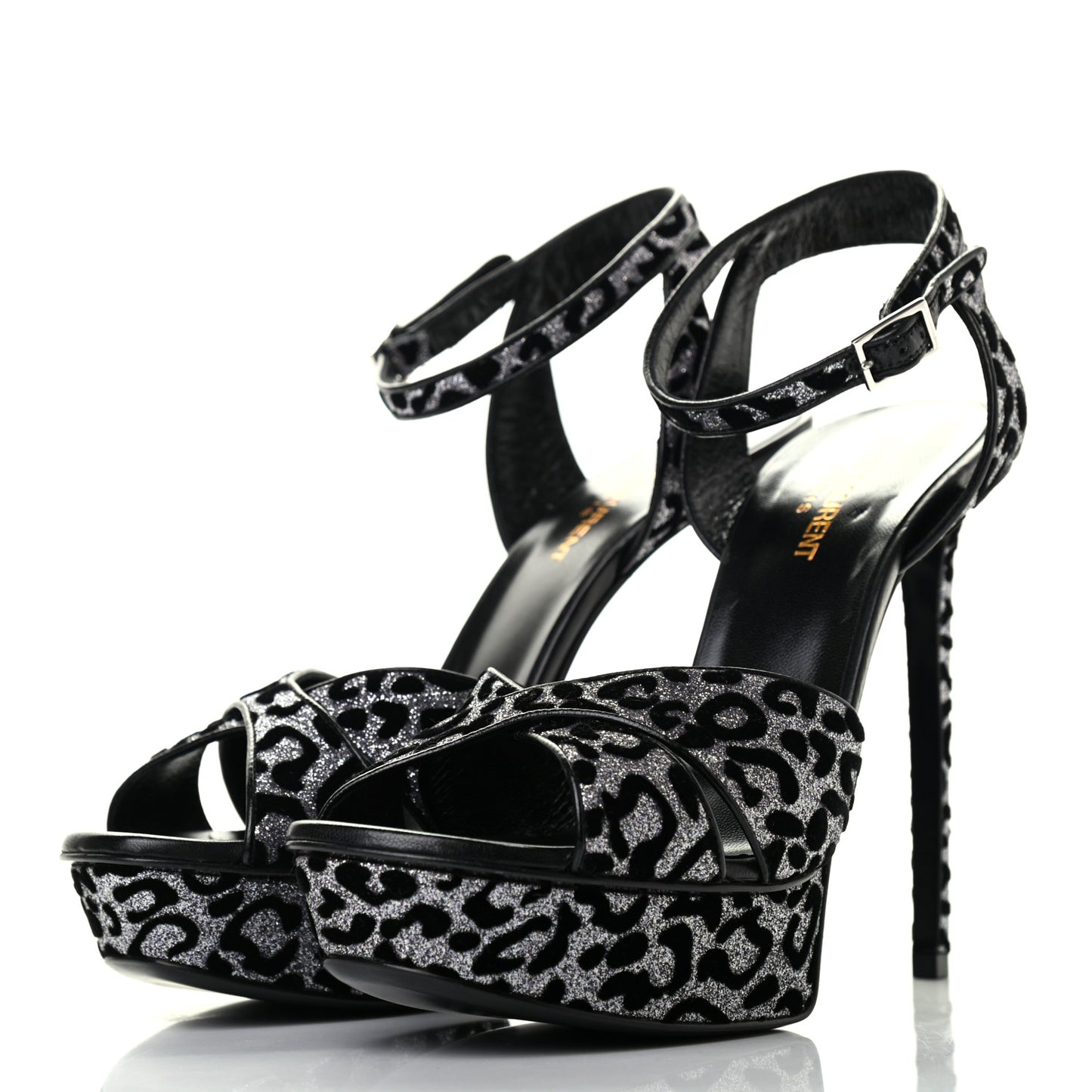 Velvet Glitter Leopard Print Platform Sandals 40 Argento Black