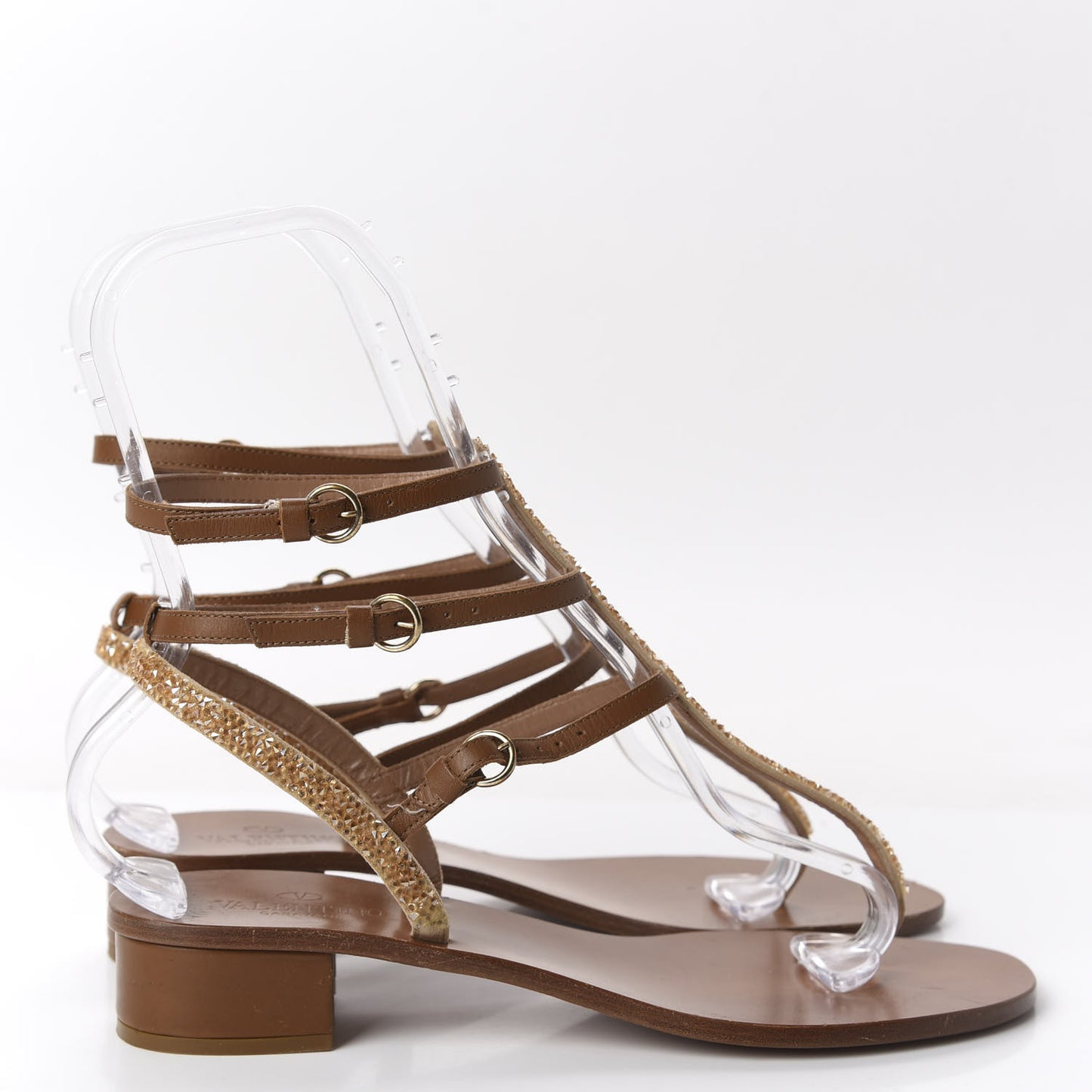 Calfskin Beaded Gladiator Ankle Wrap Low Heel Thong Sandals 40 Brown