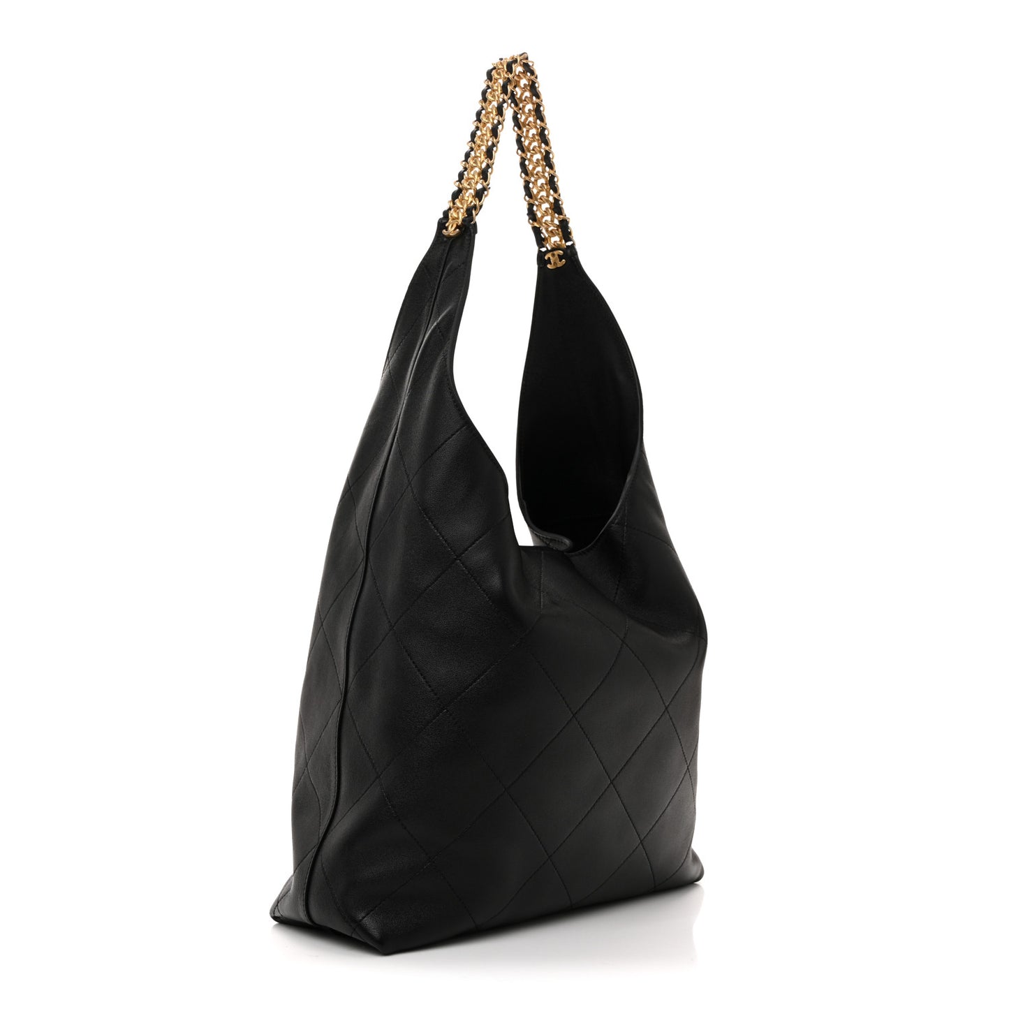 Shiny Lambskin Quilted Medium Hobo Black