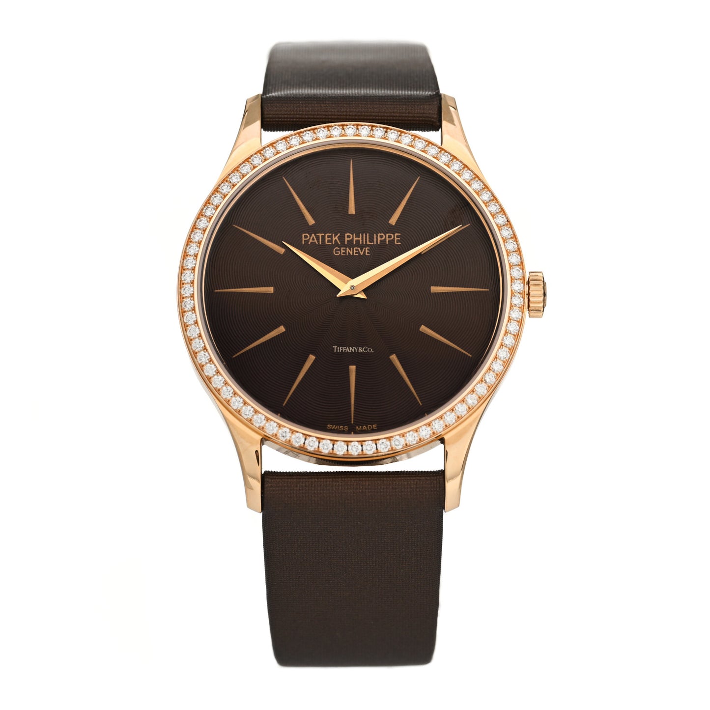 18K Rose Gold Satin Diamond Bezel 33mm Calatrava Manual Winding Watch Brown 4897R-001