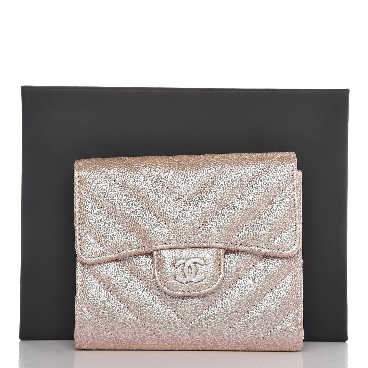Metallic Caviar Chevron Quilted Compact Flap Wallet Light Gold