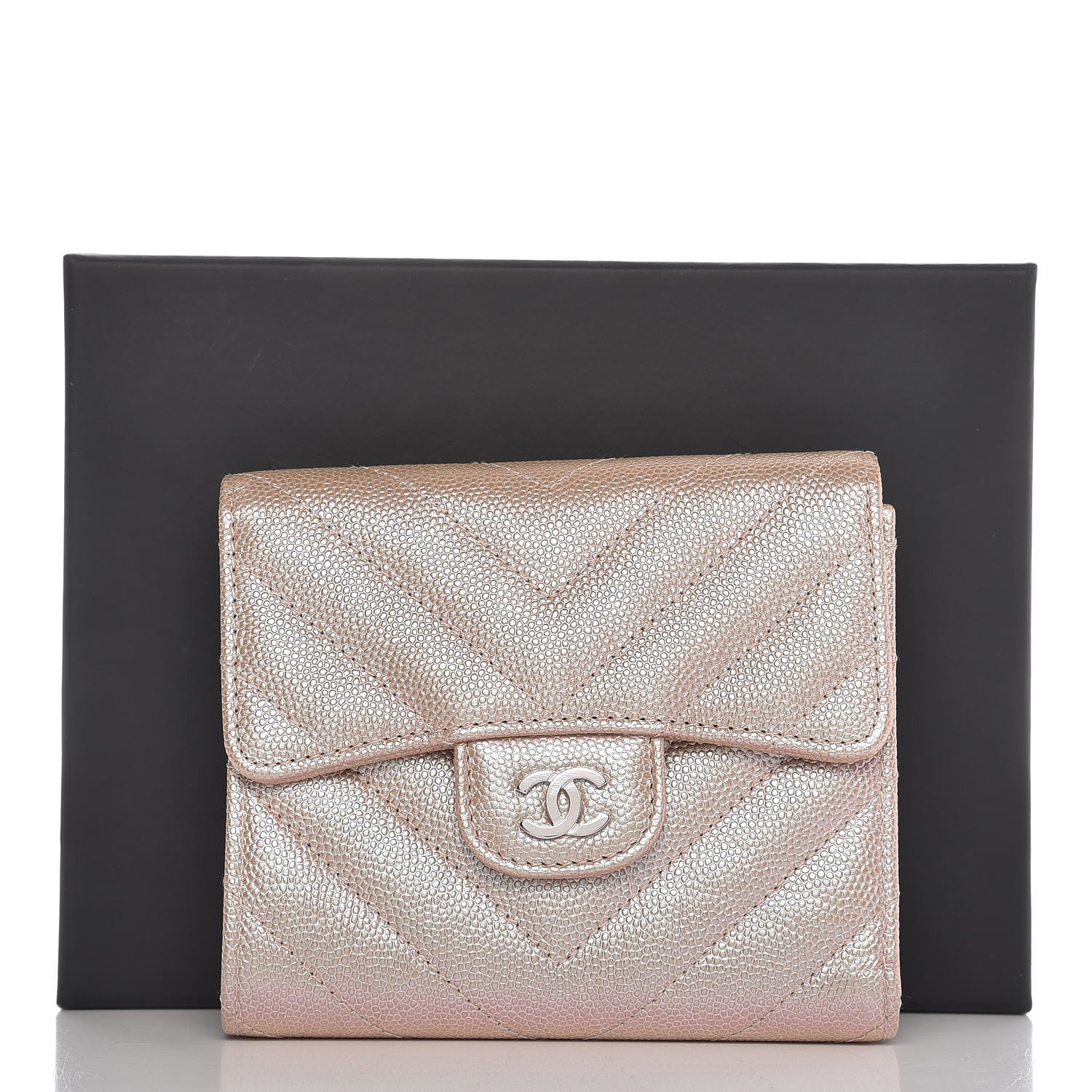 Chanel Metallic Caviar Chevron Quilted Compact Flap Wallet Light Gold 9 of 9