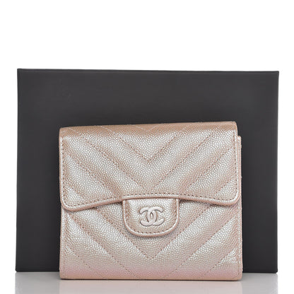 Chanel Metallic Caviar Chevron Quilted Compact Flap Wallet Light Gold 9 of 9
