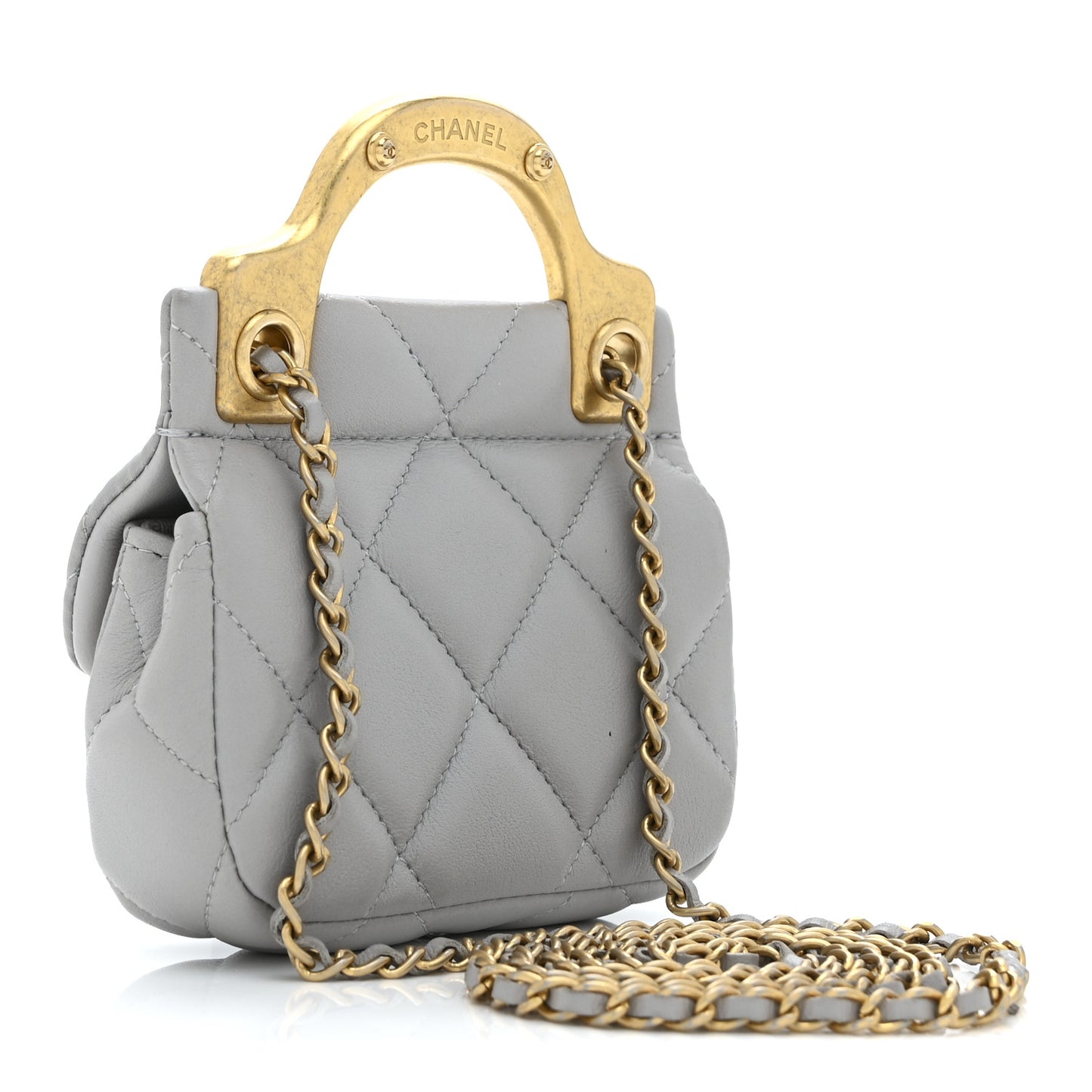 Calfskin Quilted Lady Handle Flap Card Holder With Chain Grey