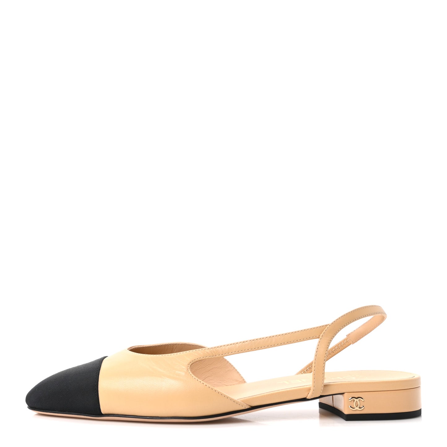 Goatskin Grosgrain Pointed Toe CC Slingback Flats 40.5 Beige Black