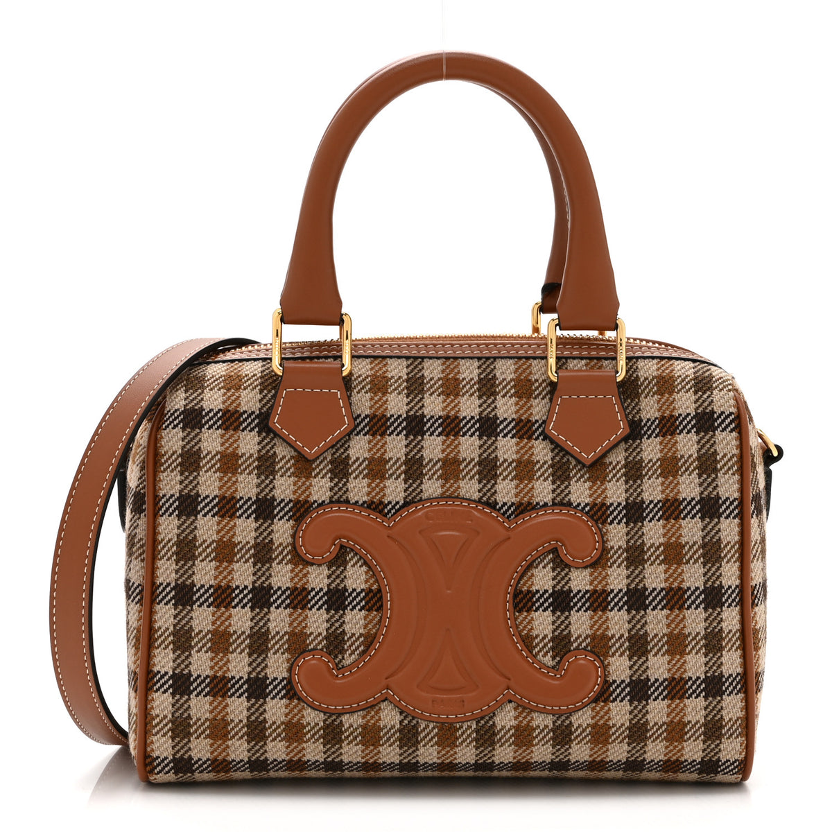 Celine Tweed Calfskin Triomphe Small Boston Bag Tan 1 of 10