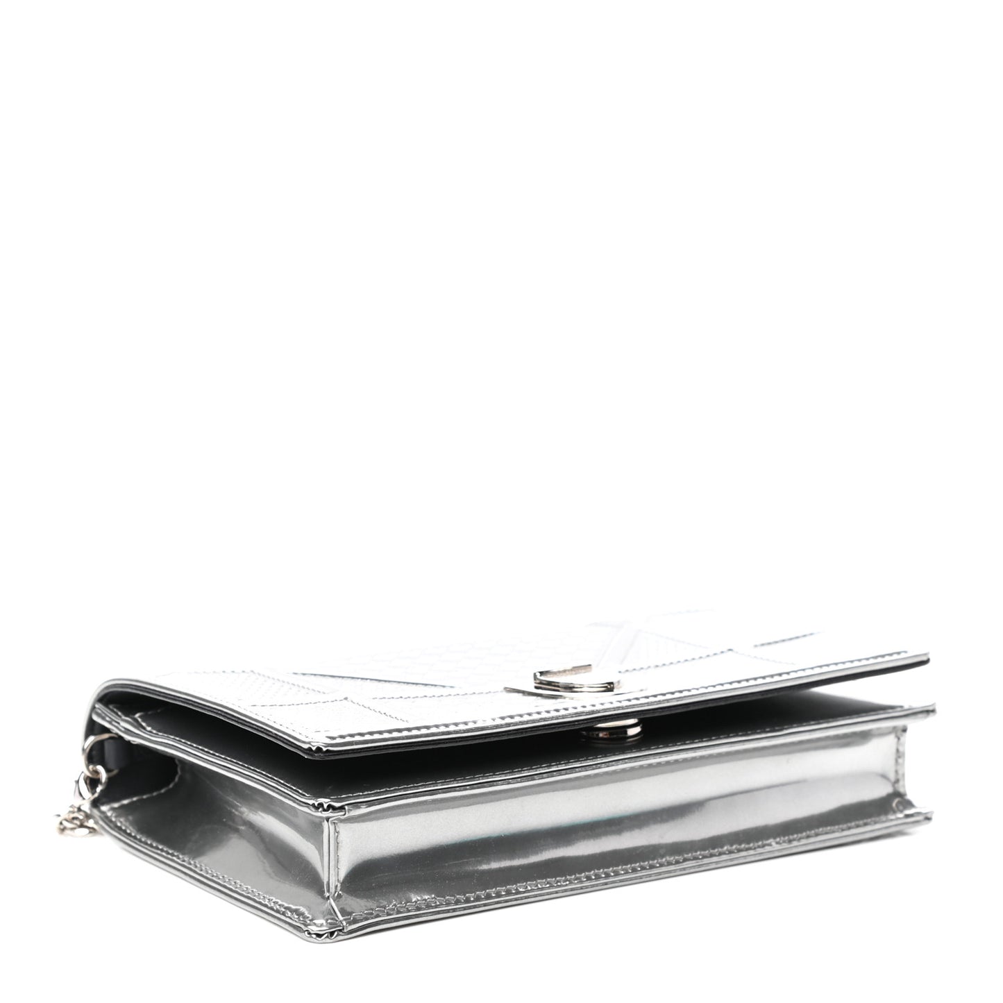 Metallic Patent Micro-Cannage Diorama Wallet on Chain Pouch Silver