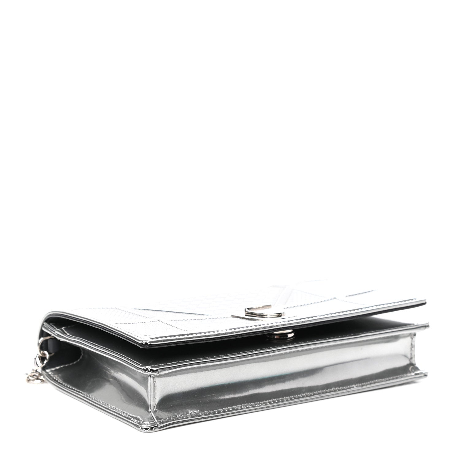 Christian Dior Metallic Patent Micro-Cannage Diorama Wallet on Chain Pouch Silver 4 of 10